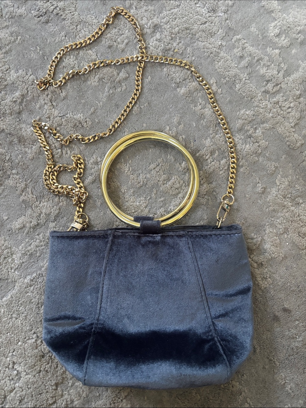 Navy Velvet Mini Bag with Gold Ring Handle